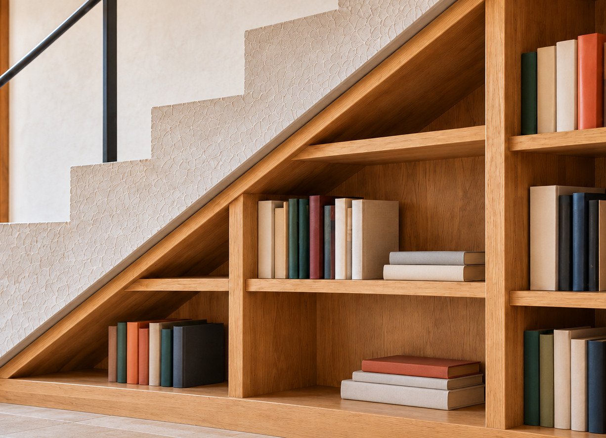 Studio illustrativo: libreria in legno con ripiani che seguono la pendenza del sottoscala.