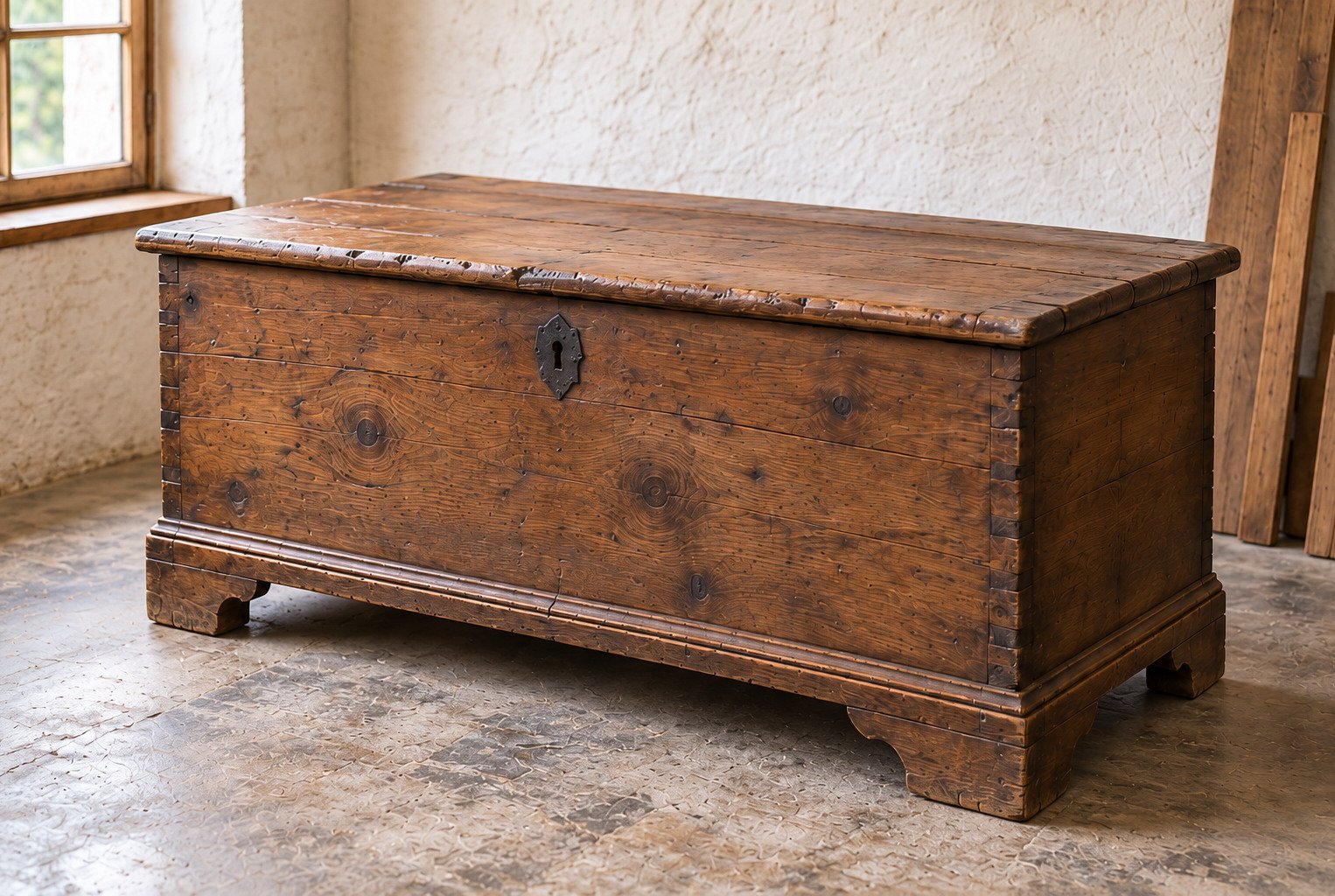 Studio illustrativo: cassapanca in legno con patina e segni di usura, da restaurare.